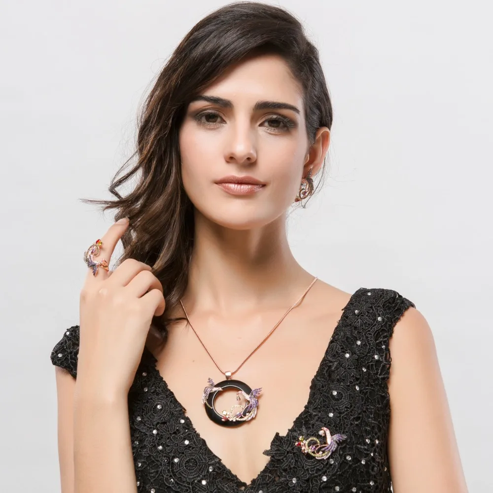 LUOTEEMI New Design Atmosphere Elegant Big Round CZ Pendant with Mirco 2pcs Multi Phoenix Zircon Jewelry Rose&White Gold Color