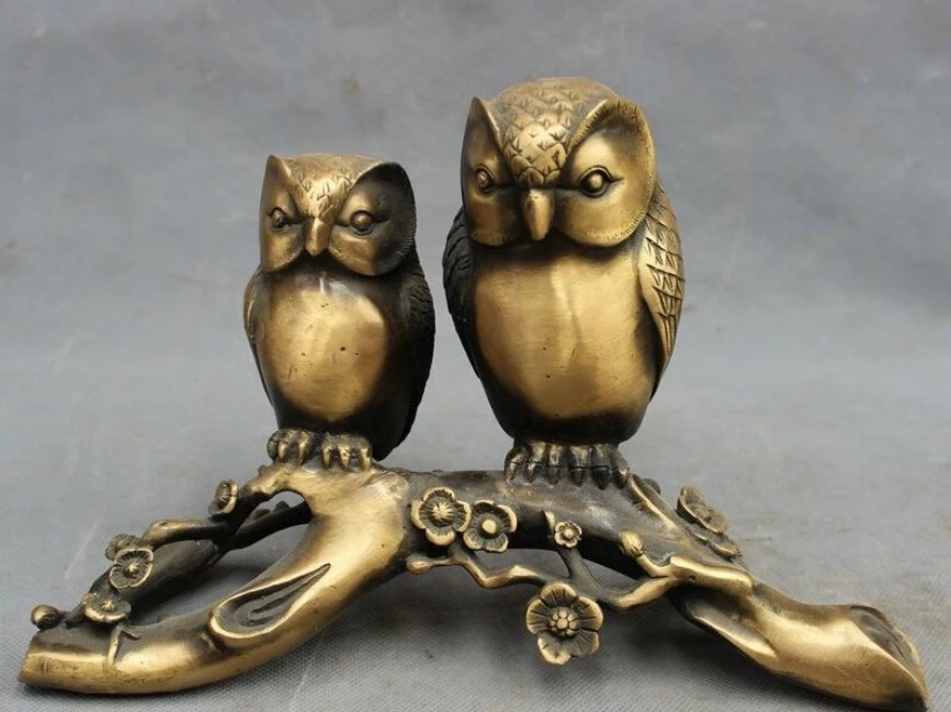 

10" Chinese Bronze Folk Home Wealth Bird 2 Owl On Club Tree Statue Sculpture
