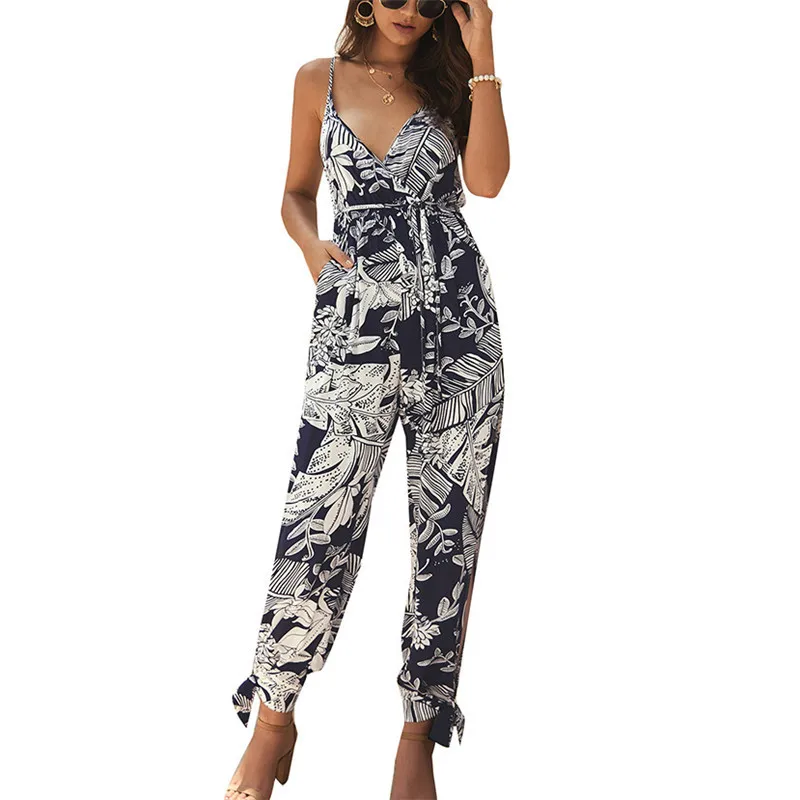 

yashangyi Summer Women Elegant Vacation Jumpsuits Sexy V-Neck Casual Romper Female Overalls Lady Print Spaghetti Strap Jumpsuit
