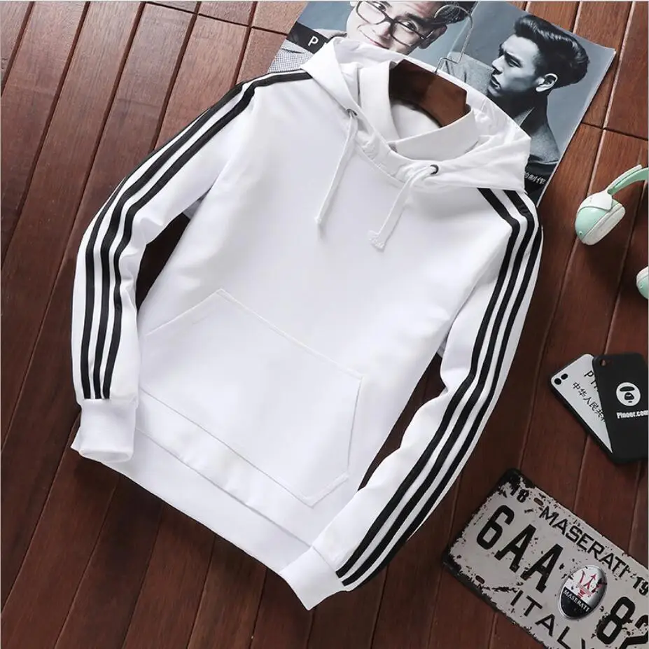 

2019 new men's hooded three bars slim hooded pullover large size long sleeve men ePacket Free Shipping