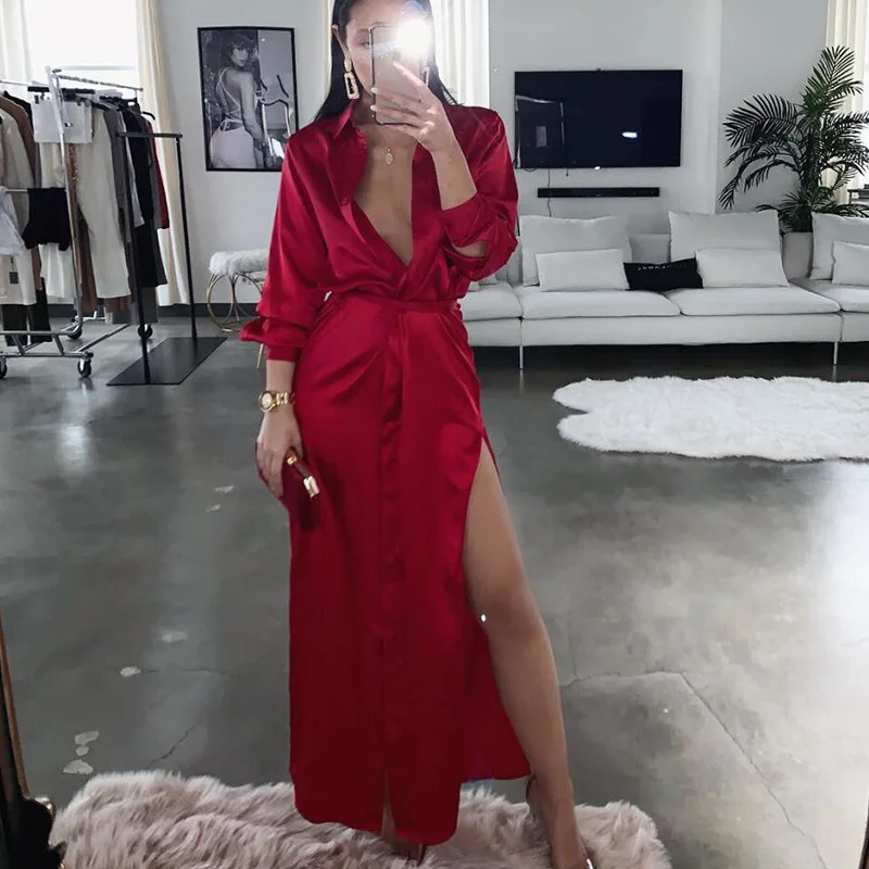 

Sigberc free shiping women's fashion New pattern Silk and satin Leisure time Easy sexy Long sleeves Fork opening Dress