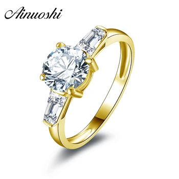 

AINUOSHI Trendy Three Stone Round Rings 14K Solid White/Yellow Gold 1.25 CT Baguette Cut SONA Diamond Wedding Engagement Ring