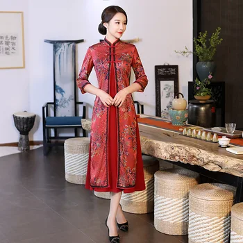 

Autumn Winter Women Cheongsam Vestidos Chinese New Year Red Dress Three Quarter Sleeve Qipao Lady Stage Show Clothes Dresses