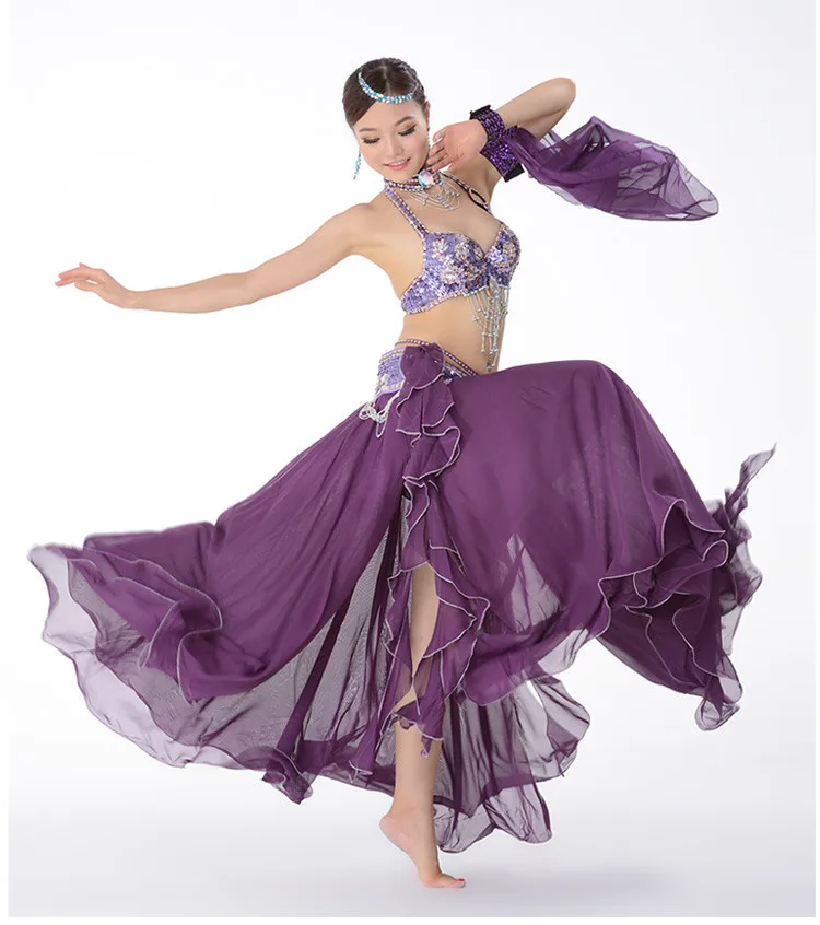 12 цветов сценическая одежда для восточных танцев живота костюм из 3 предметов бюстгальтер из бисера, пояс и юбка набор костюма для танца живота - Цвет: Light Purle
