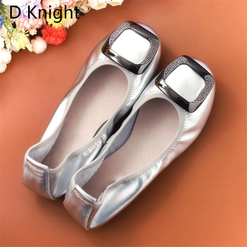Comfortab Women's Flat Shoes Large Size 12 Genuine Ballet Leather Footwear for Women Csytal Metal Decoration Female Loafer Shoes (13)