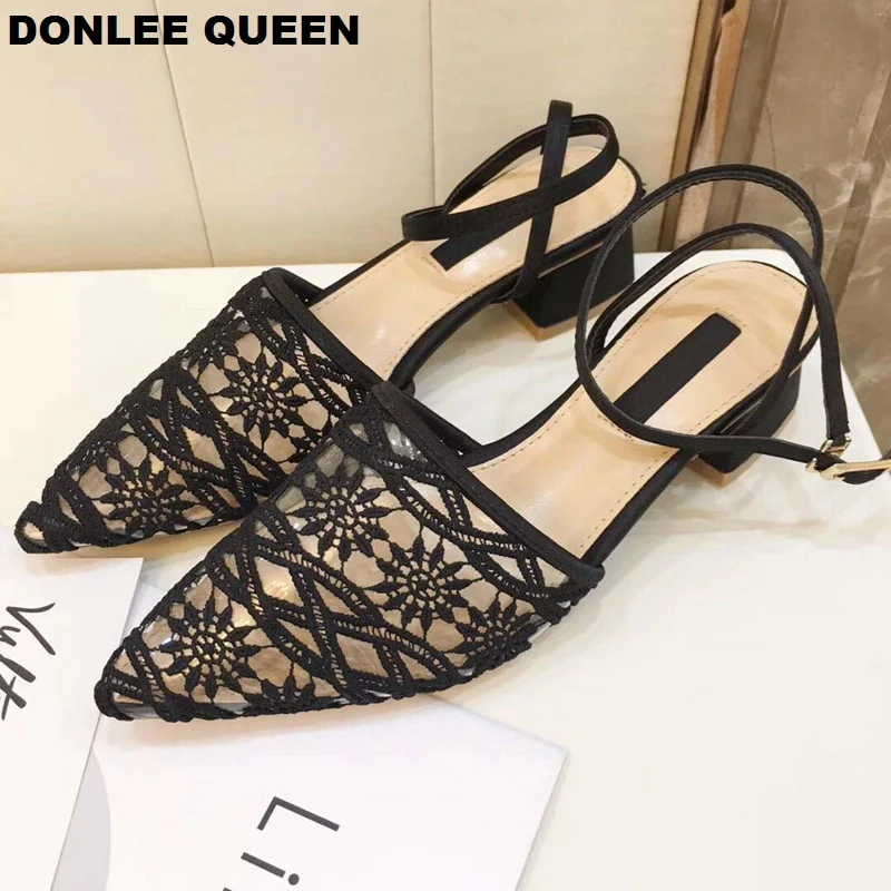 

2019 Summer Sandals Transparent PVC Mule Shoes Women Ankle Strap Sandal Pointed Toe Low Heel Party Dress Wedding sandalias mujer