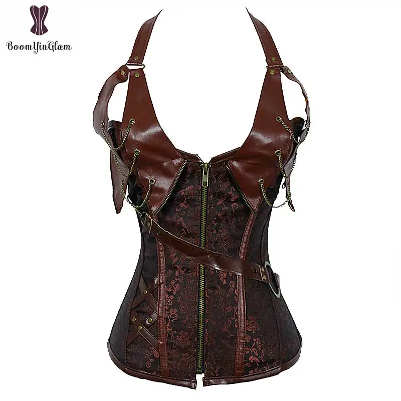 

Halterneck Steampunk Corset Top Faux Leather Buckle Zipper Belt Chain Punk Outfit Corselet Overbust Plus Size Bustier Boned 908