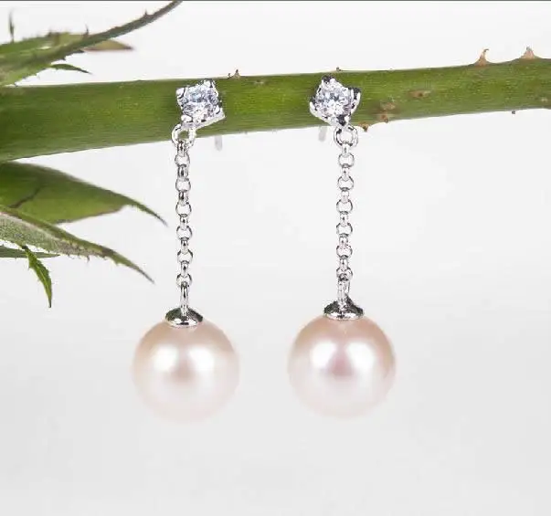 Free shipping!!!Freshwater Pearl Drop Earring Wedding Jewelry sterling silver post pin Round natural with cubic zirconia |