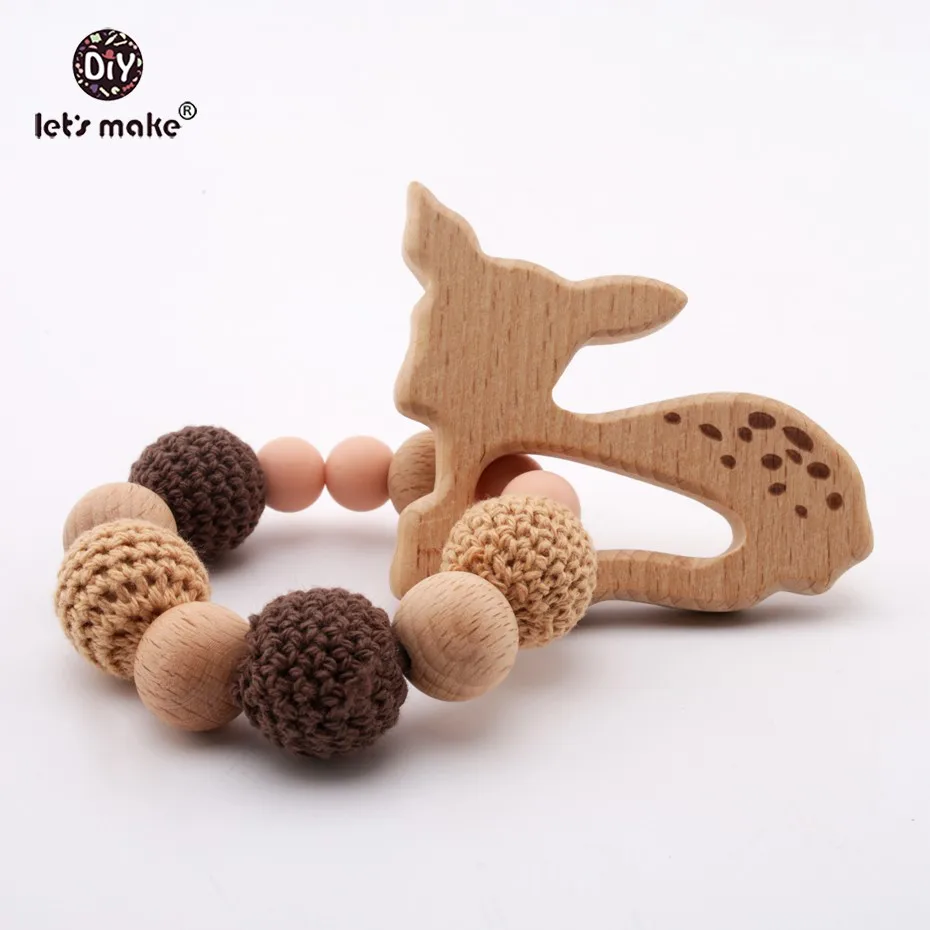 Let's make 1pc Wood Teething Bracelet Beech Wood Animal Elephant Deer Crochet Beads Nursing Bracelet Accessories Baby Teethers
