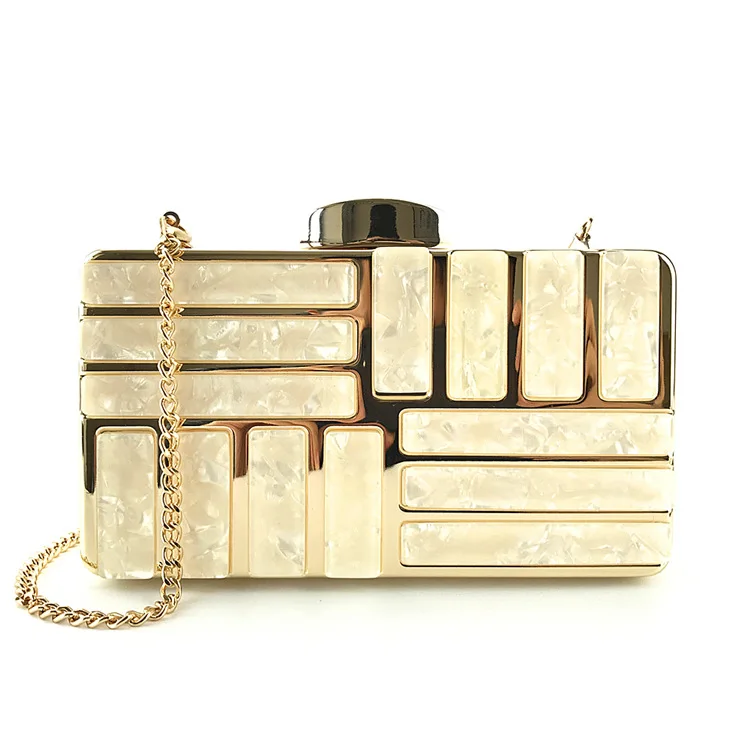 Marble Gold-trimmed Acrylic Box Clutch Gold Color Front View