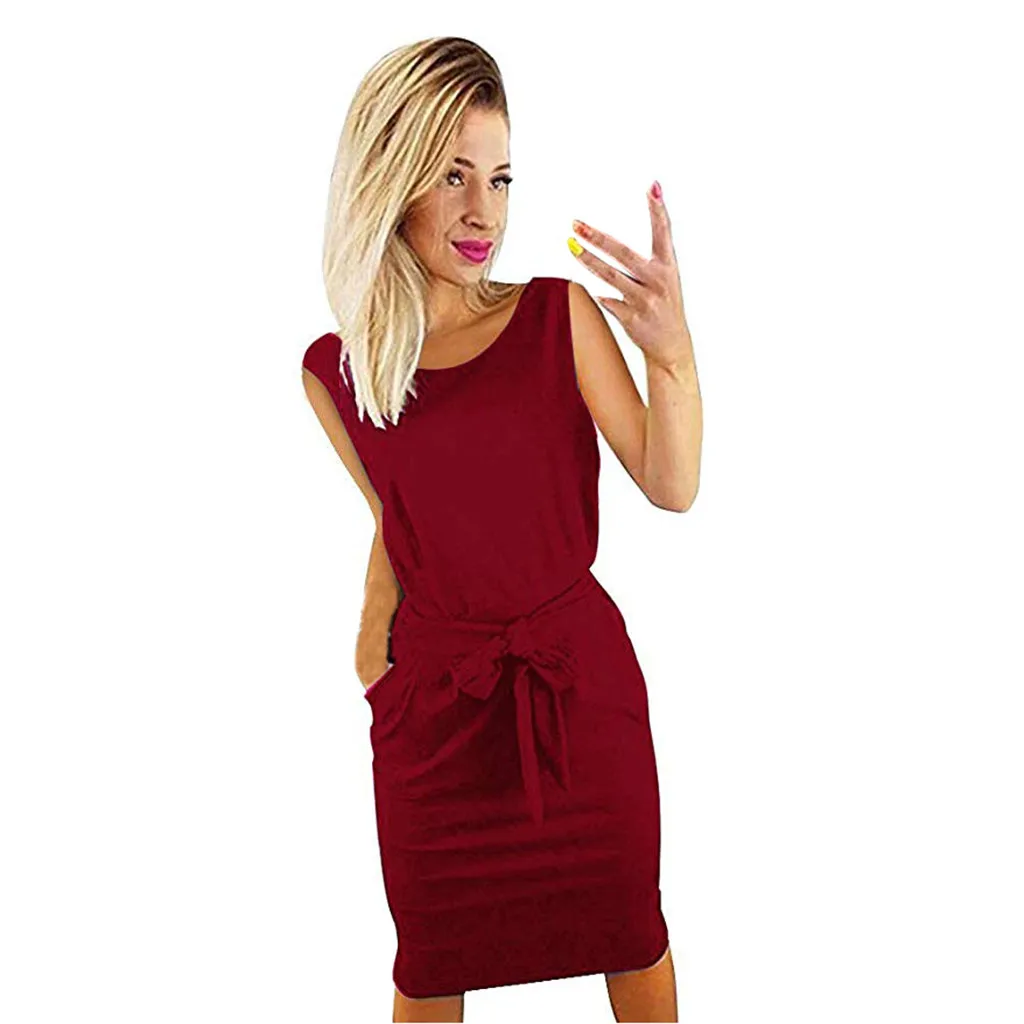 

KLV 2019 latest women's casual pocket summer sleeveless bow dress mini dress free shipping D4