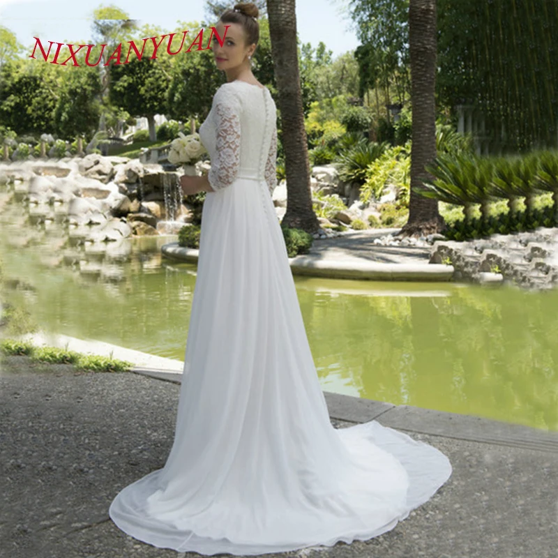 Шифоновые винтажные Свадебные платья 2019 кружева 3/4 рукава сад свадебное платье пуговицы элегантное платье невесты Vestidos De Novia Robe De Mariee