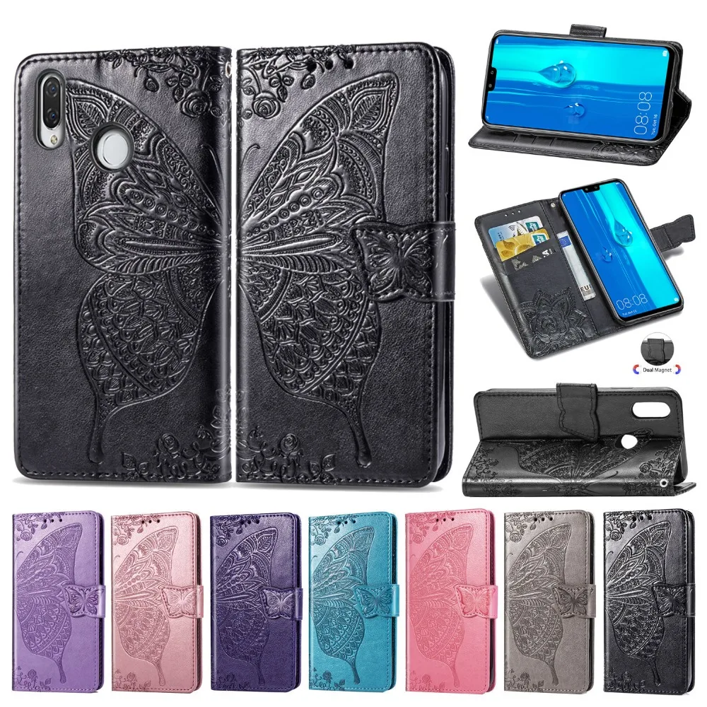 

For Huawei Y9 2019 Case Luxury 3D Emboss Butterfly Kickstand Wallet Case, Premium Leather Flip Card Slots Magnetic Phone Cover