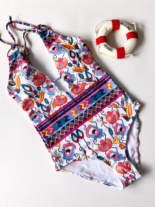 Горячая 2017 Для женщин с цветочным принтом цельный бикини комплект купальный костюм ванный комплект Пляжная бикини