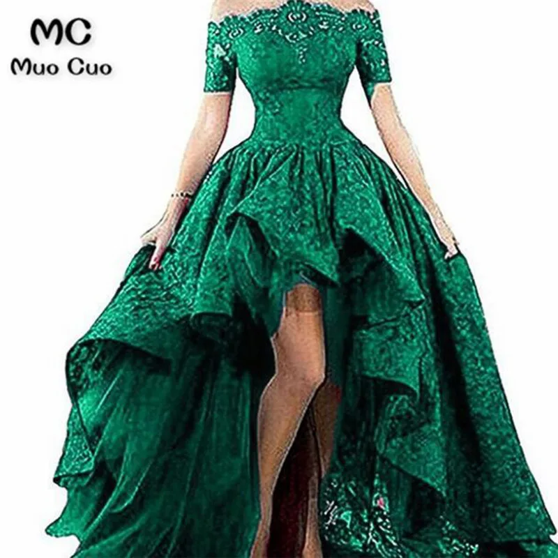 High Low Gown 2018 Off Shoulder Evening Dresses Long with Lace Short Sleeve Formal Evening Party Dress for Women
