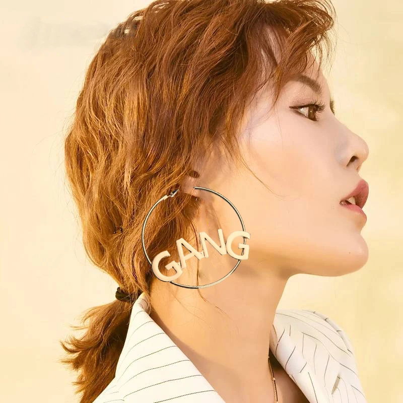 

GEREIT Brand Statement Jewelry GIRL GANG Letter Big Hoop Earrings For Women Gold Punk Large Circle Earring European Brincos 2018