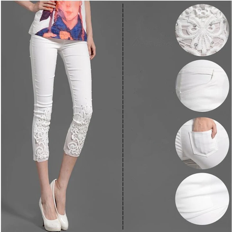 

Shikoroleva Women's Leggings Cotton Lace Diamond Summer High Waist Thin 3/4 Capris Jeggings Plus Size 4XL 3XL S White Blue Black