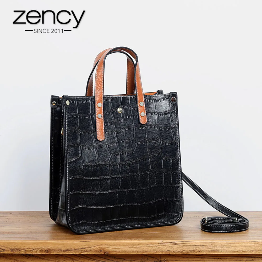 

Zency Stone Pattern Women Tote Bag 100% Genuine Leather Black Handbag Fashion Lady Crossbody Messenger Purse High Quality