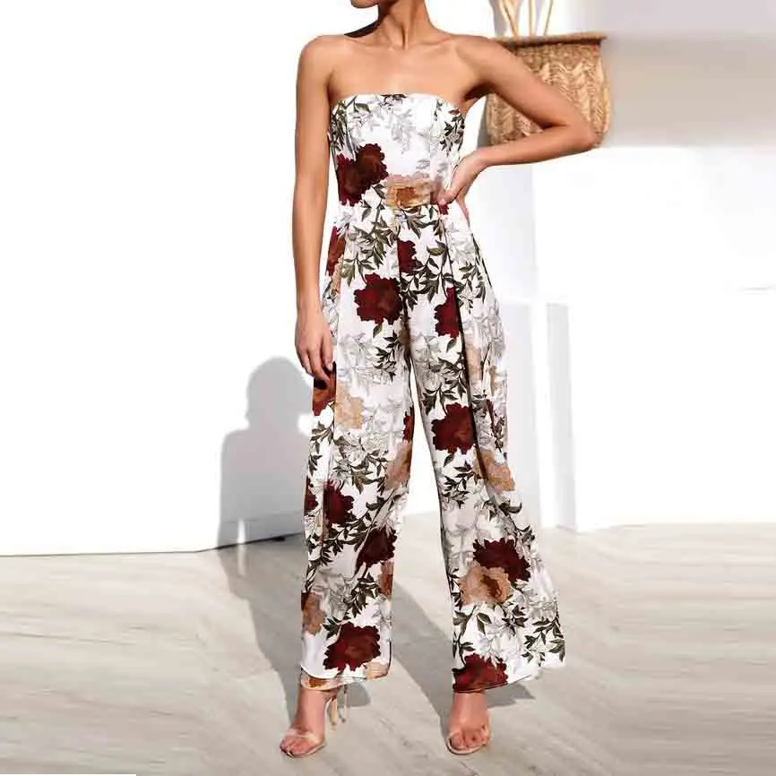 

Sexy Sleeveless jumpsuit women long romper summer women floral bodysuit trousers beach coveralls Strapless playsuit female frock