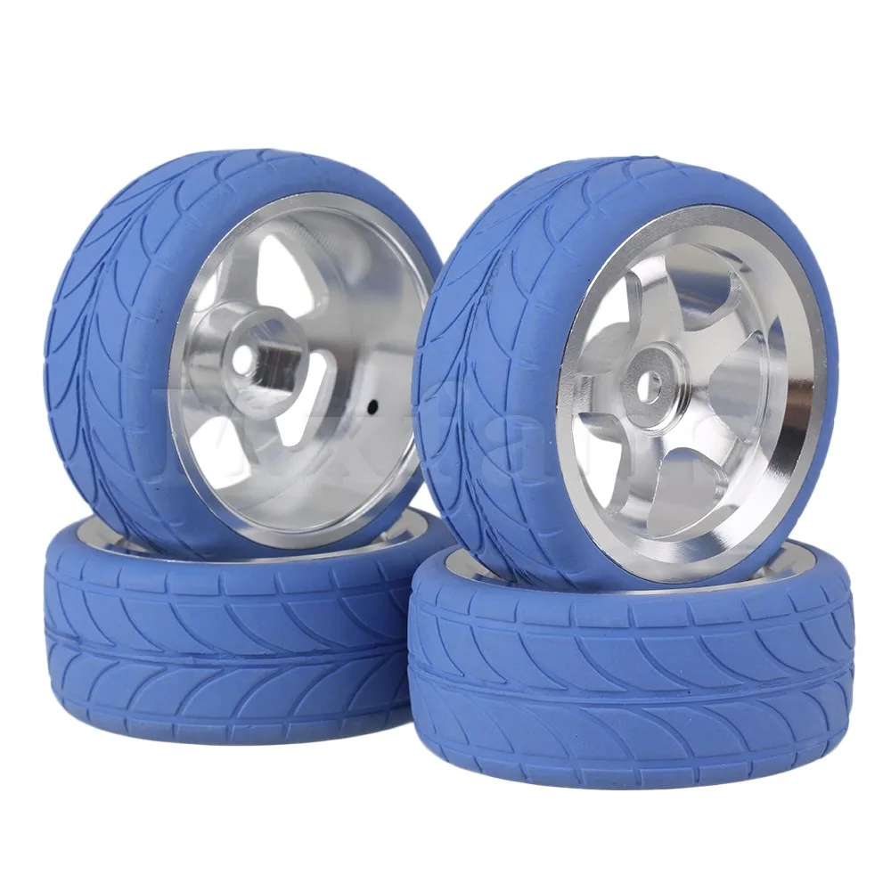 4 x Rubber Tyre & Blue Alloy 10-Spoke Wheel Rim Blue for RC1:10 On Road Car