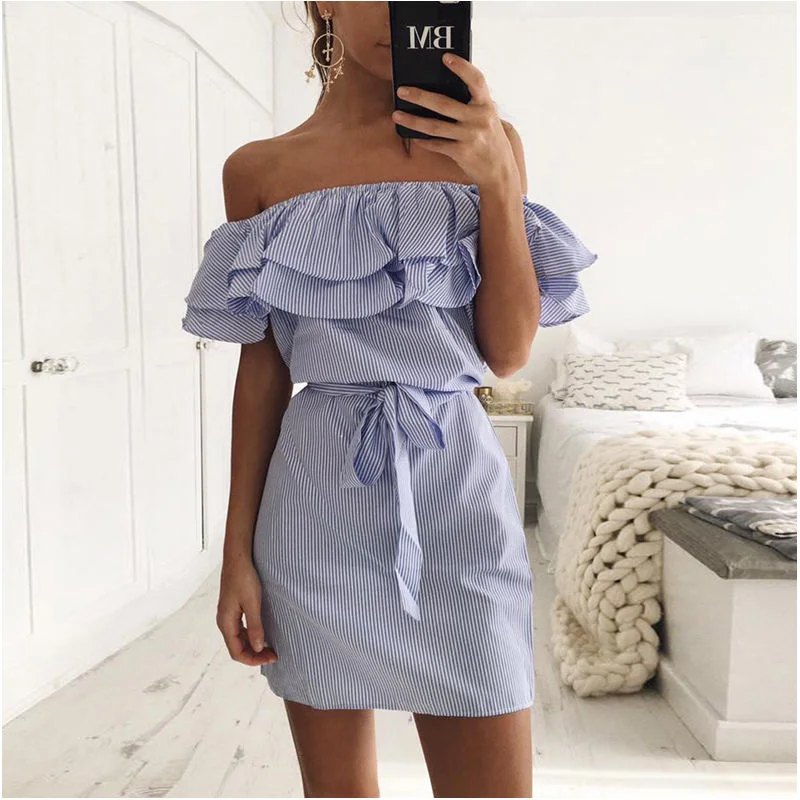 

Casual Striped A-line Dress Woman Sexy Slash Neck Ruffled Lace-up The Dress Summer Woman Clothing Vestido Thin Waist