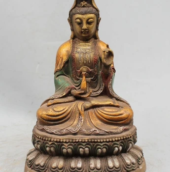 

9" Chinese Buddhism Bronze Painted Seat Kwan-yin Guan Yin Goddess Vase Statue Sc