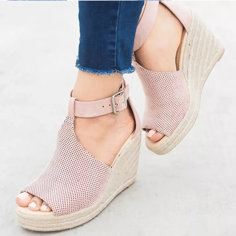 

Summer women's shoes size large 4-10.5 high heel sandals female leopard buckle fashion open toe wedge sandals women