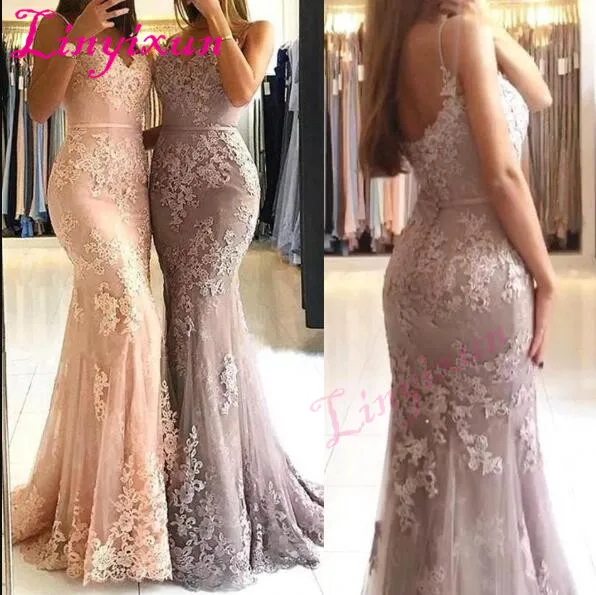 

2018 Elegant Spaghetti Straps Lace Mermaid Long Prom Dresses Applique Beaded Sweep Train Formal Evening Dresses With Buttons