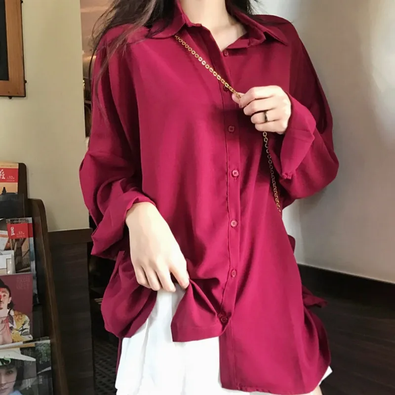 

2019 Spring Shirt Streetwear Women Tops Batwing Sleeve Loose Solid Color Long Blouse Women Blue Red Ladies Clothes