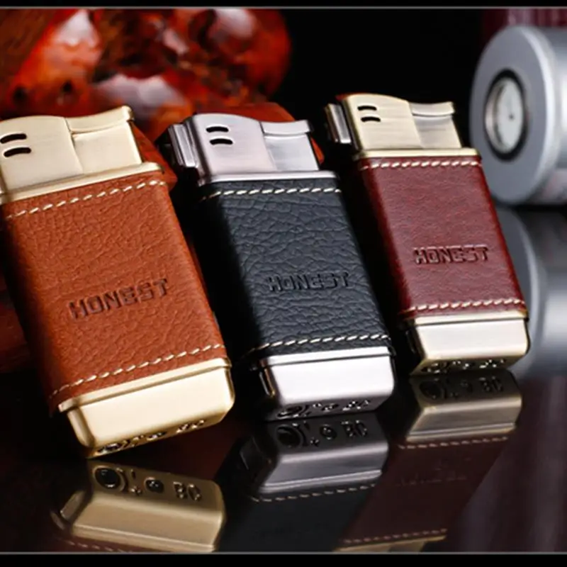 

Leather metal plasma lighter side fire design inflatable high quality butane lighter gadgets for men with gift box isqueiro