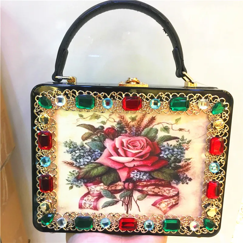 

Luxury women's color diamond handbag cartoon print box bag shoulder bag diagonal package women's banquet bag