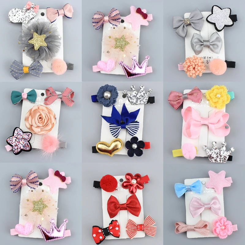 

Children Girls Flower Crown Dot Heart Cartoon 5PCS/Set Crystal Hairpin Pearl Animal Kids Ball Bowknot Hair Clips 8 Colors