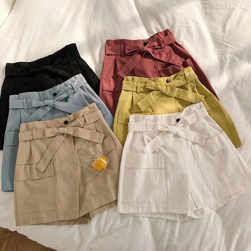 Korobov/летние шорты ярких цветов с асимметричным разрезом, короткие шорты со шнуровкой и бантом, однотонные женские шорты с высокой талией, корейские шорты с карманами, 77745