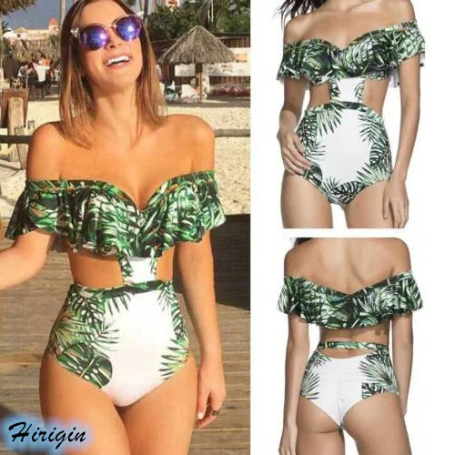 Summer Sexy Green Print Swimsuits HOT Summer Women Sexy Ruffles V-Neck Off Shoulder Padded Leaves Print Swimsuit
