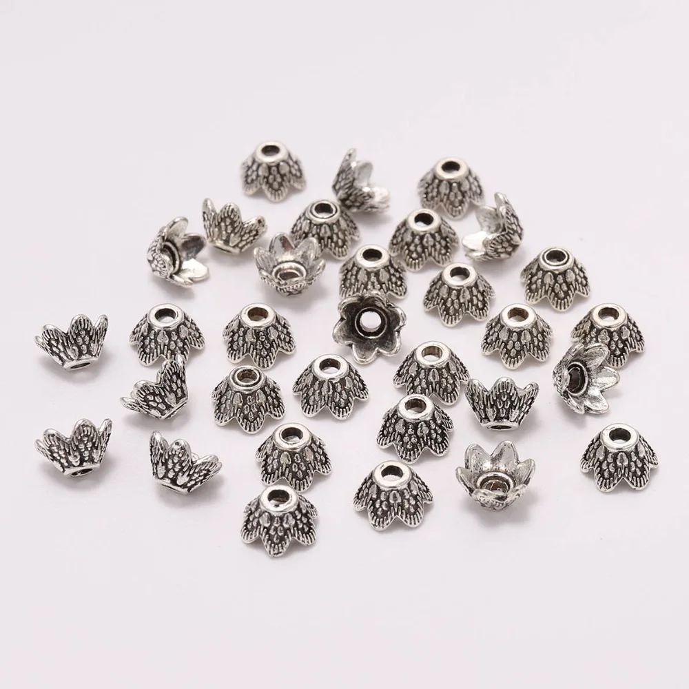 1000 Tibetan Alloy Flower Bead Caps Carved 4-Petal Silver Tone Tiny Findings 6mm