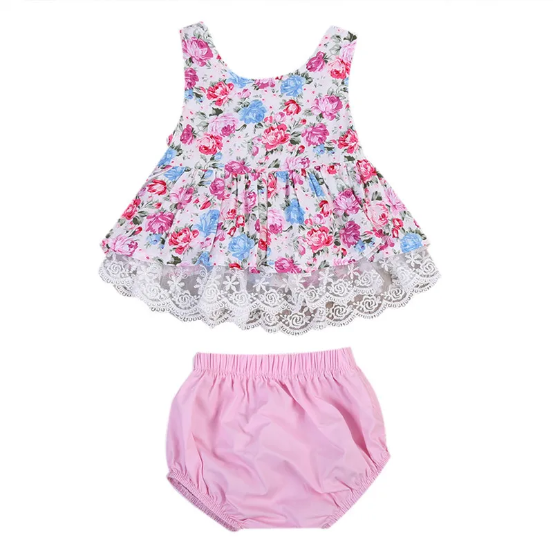 

2017 Infant Bebe 0-24M Girl Newborn flower cotton blend lace edge Princess Dress Skirt+Pants baby girl Clothes set vestidos