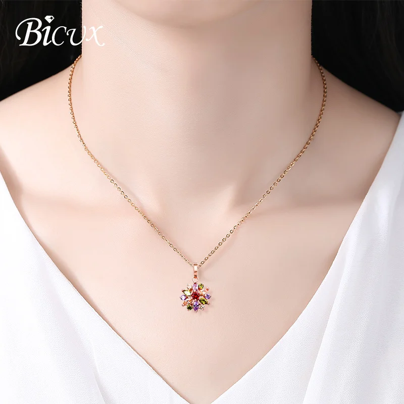 

BICUX Long Rose Gold Silver Link Chain Crystal Necklaces for Women Fashion Statement Snowflake Colorful AAA Zircon Femme Jewelry