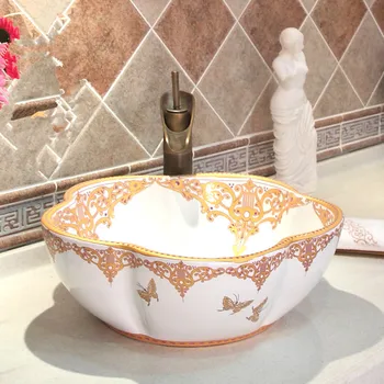 

Flower shape China Artistic Handmade wash basin bowl Ceramic Lavobo Round Countertop Bathroom Sink painting bathroom sinks