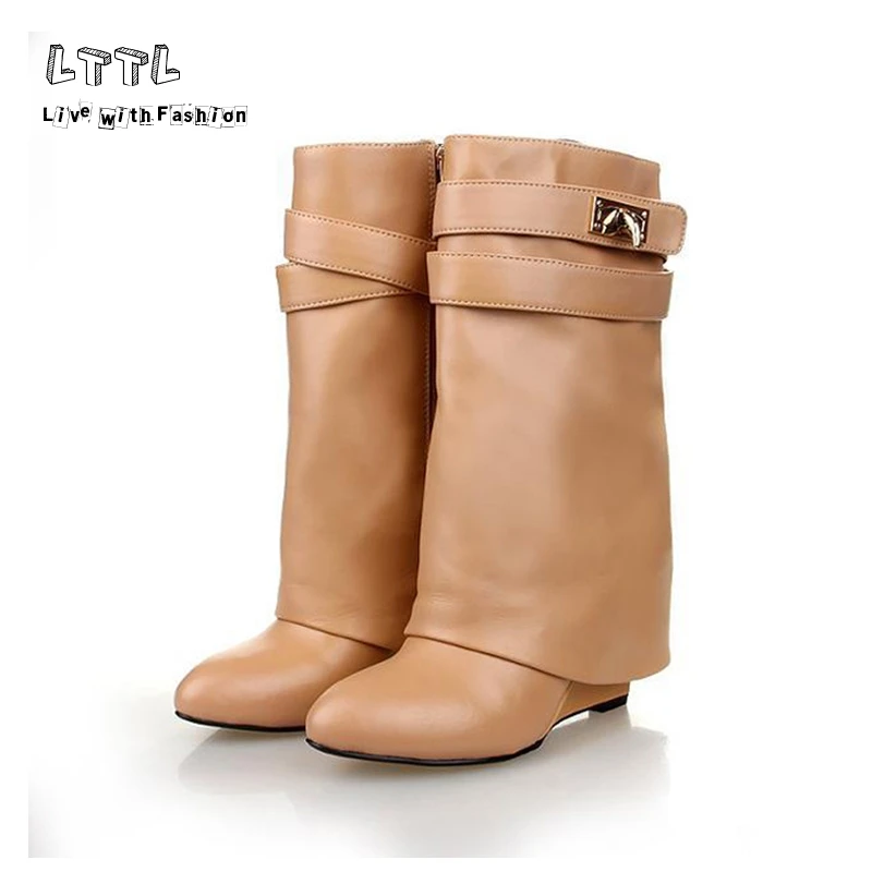 

LTTL Handmade Fashion Mid-Calf leather Shark Lock Boots Wedge Heel Fold Over Wedge Ankle Boots Pointed Toe Sz 35-42
