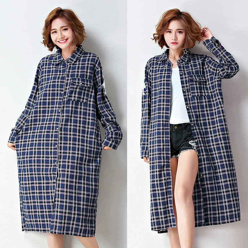 2017 Autumn Women Plaid Shirt European Style Fashion Casual Loose Comfortable Embroidery Long-sleeve Shirt Plus Size