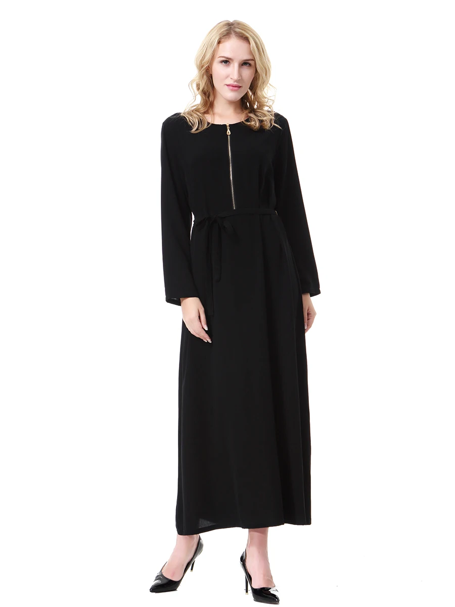 

Solid Color Muslim abaya with zipper front and waistband, round collar daewoo nexia long sleeve islamic dress TH913