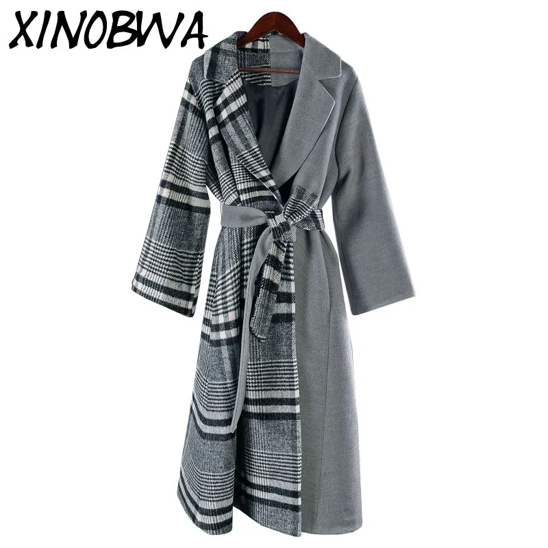 

Hot Europe New Women's Autumn High Fashion Turn Down Collar Patchwork Plaid Trench Blends Female Plus Size Wool Long Coats Vadim