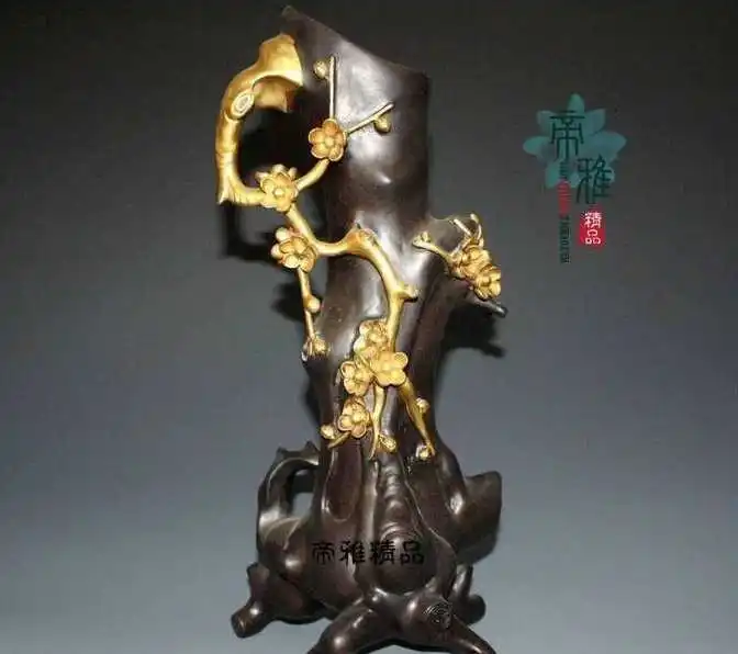 

Chinese Palace Pure Bronze 24K Gold Gild Plum Flower Tree Kettle Pot Bottle Vase