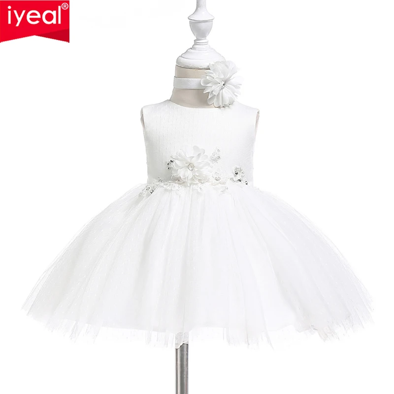

IYEAL Newest Knee-length Beading Flower Girl Dress With Bow Communion Frocks Kids Baptism Prom Ball Gowns For Formal Occasions