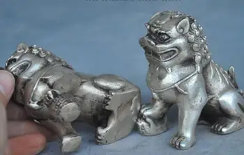 

Pair chinese silver fengshui Auspicious wealth foo dog lion Guardian beast statue