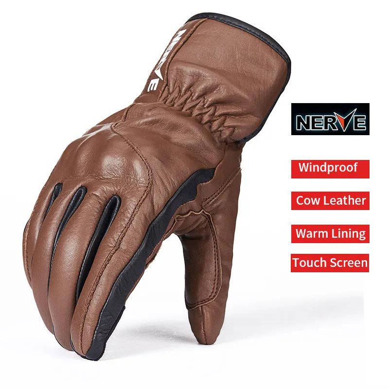 NERVE Genuine Leather Waterproof Windproof Retro Motorcycle Gloves Moto