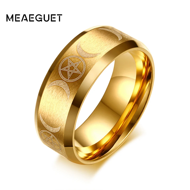 Meaeguet 8mm Wide Stainless Steel Laser Triple Goddess Moon Ring For Women Men Jewelry Matte Finished Wedding Band