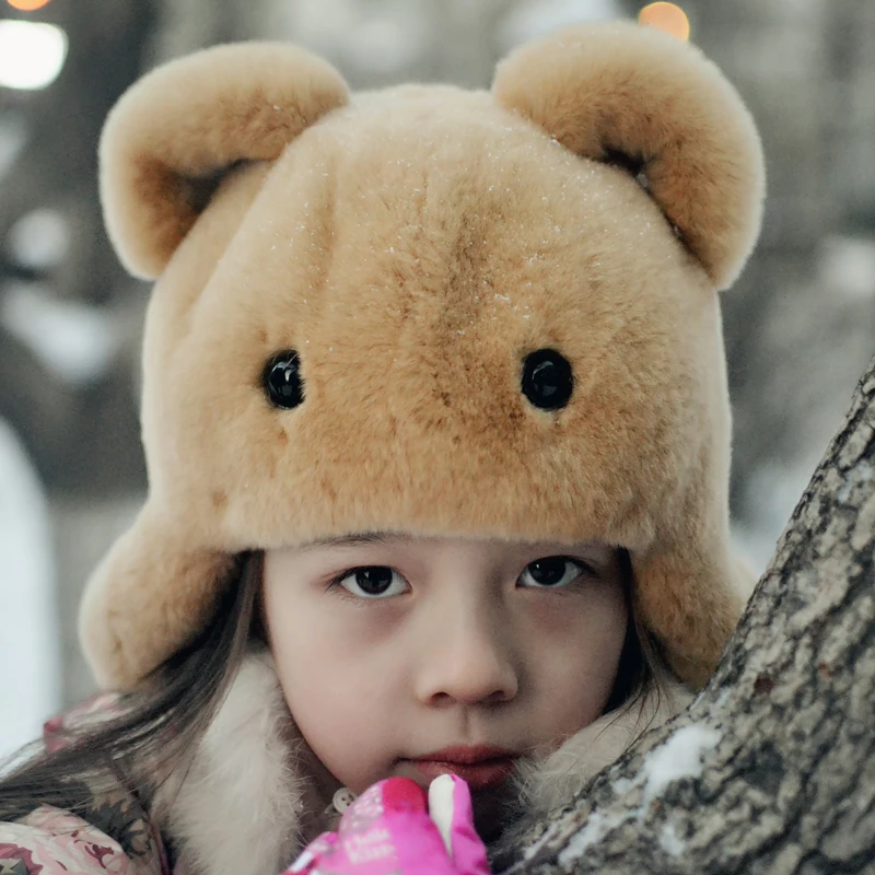 

2018 New Children Hats Whole Skin Cap Real Rex Rabbit Fur Hats Cute Hats Baby Winter Warm Caps Real Fur Ear Protection Hat HT-11
