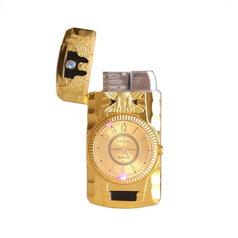 Butane Jet Lighter Clock Torch Lighter Men Gold Watch Quartz Compact
