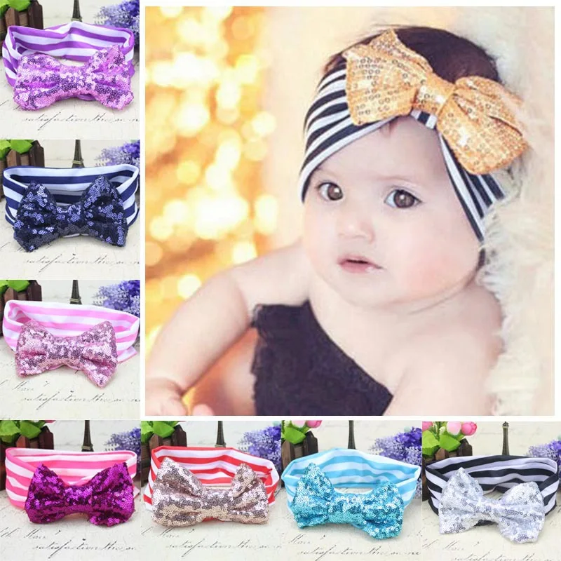 

2016 New Elastic Newborn Baby Girls Headband Shiny Bowknot Hair Band Children Striped Headband Baby Turban Headband bandeau bebe